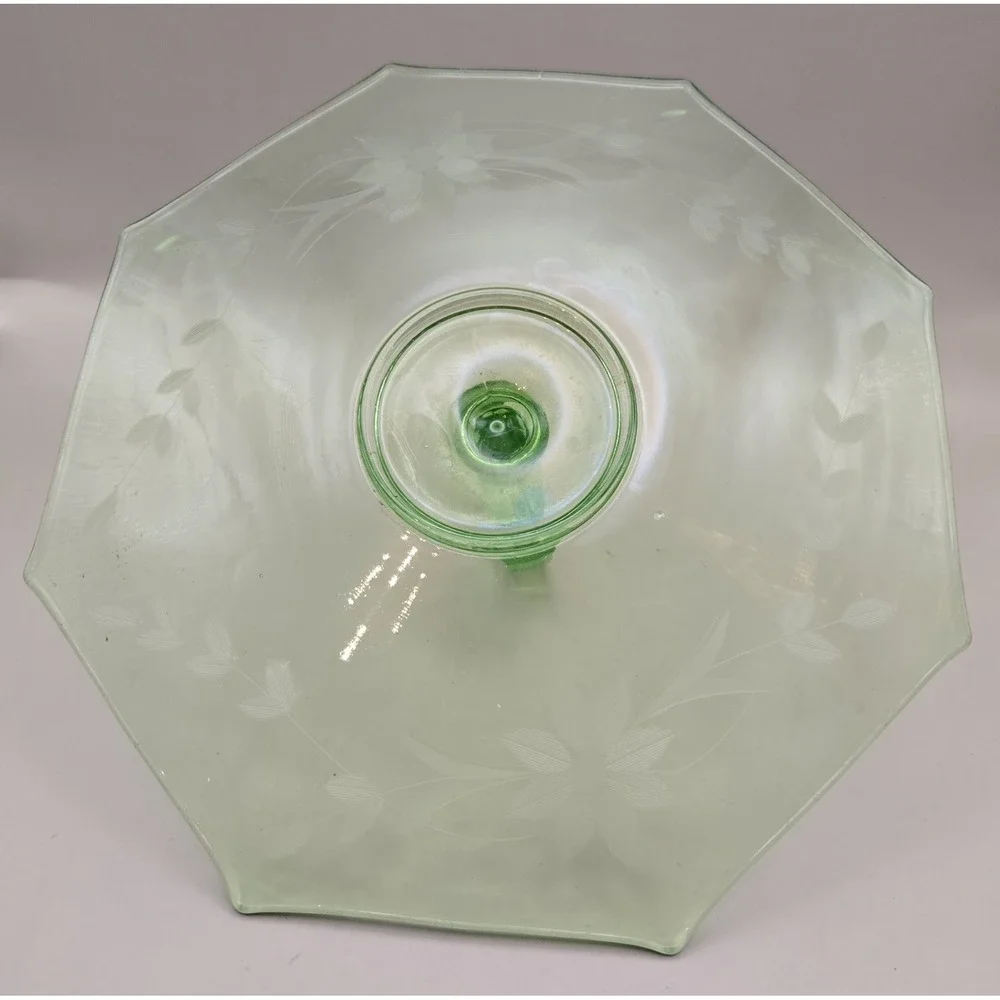 VTG Uranium Platter Glossy Depression Glass  Center Handle Octagon Floral Etched